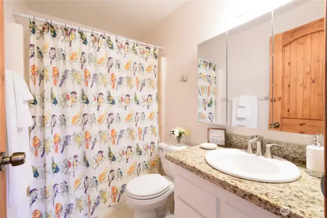 Full guest bath with durable granite countertops.