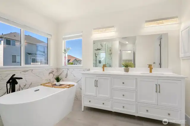 Dual vanity with tons of light in the primary bath