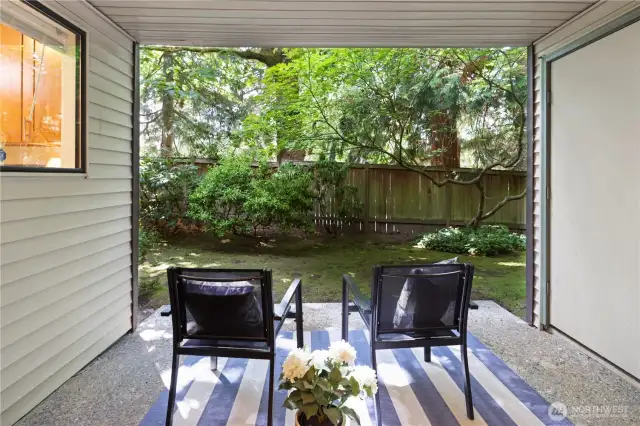 Private, peaceful patio with storage locker