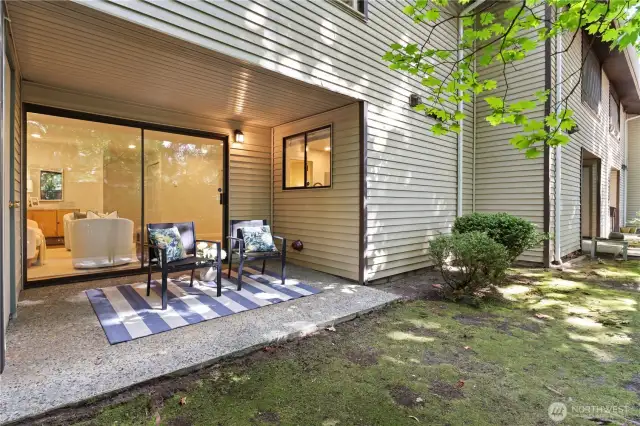 Private, peaceful patio with storage locker