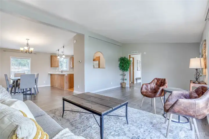Living Room looking at Dining and Kitchen