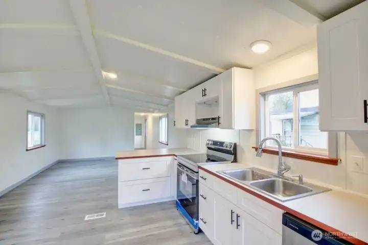 View of kitchen and living room.