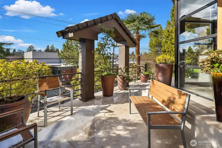 Entry patio frames the one-of-a-kind glass front door.