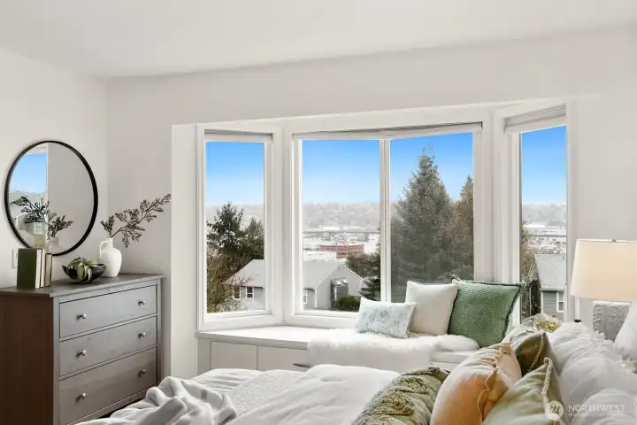View over Salmon Bay, Ballard Bridge and the Cascades