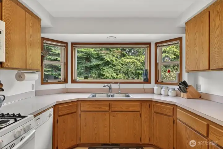 Huge picture window in the kitchen allowing for lots of natural light and a great view of the backyard.