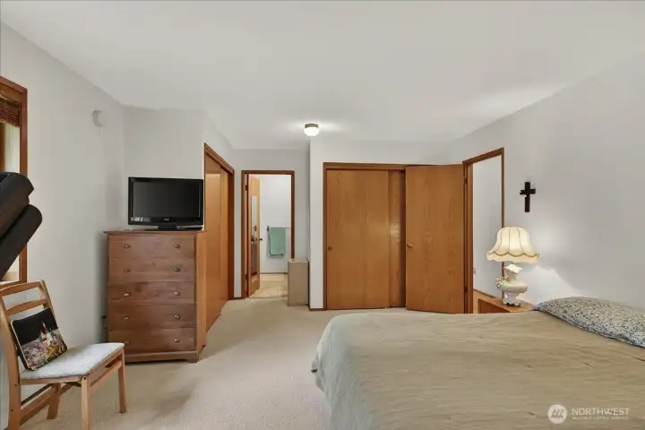Huge primary bedroom suite with.75 bathroom and 2 closets, window overlooking the backyard.