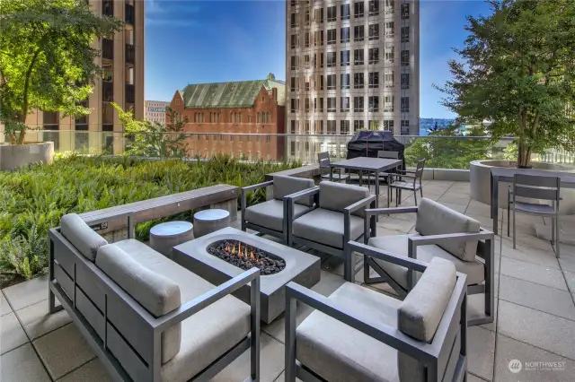 Wonderful oversized outdoor deck with BBQ and fire-pit, surrounded by lush landscaping and city views.
