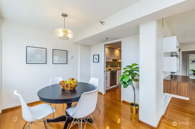 Dining room floats between the kitchen and living room