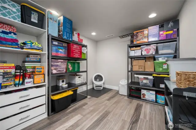 The storage room is also downstairs.