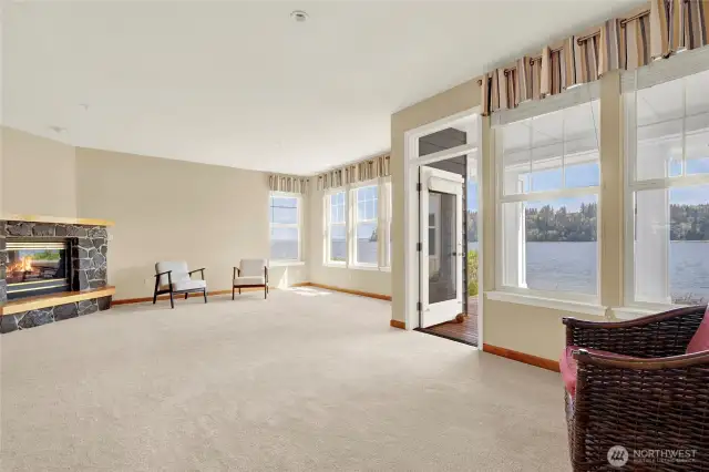 Living room and fireplace with local Shine Quarry stone