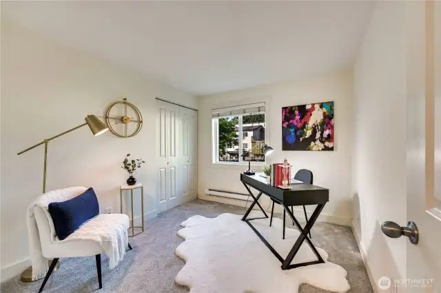 Good sized second bedroom offers two closets. Super clean throughout with fresh new paint and new carpet!