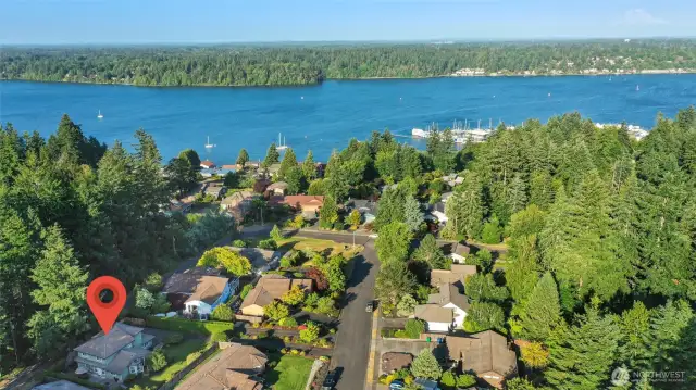 Aerial view shows proximity to Budd Inlet, Mt. Rainier to the East, West Bay Marina and downtown Olympia (Right of the photo).