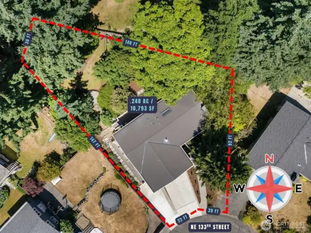 Aerial view of home with approximate boundary lines + SF / acreage
