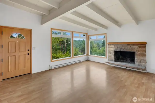 On clear days, Mt. Rainier is visible from these windows, just above the trees.