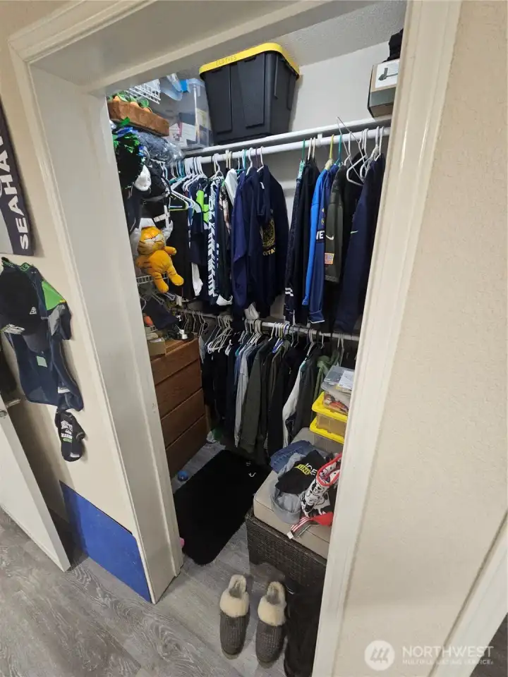 Walk-in closet in the primary bedroom.