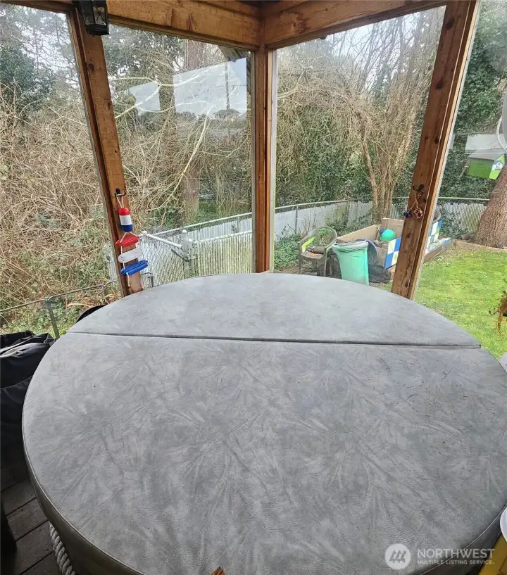 Wall of windows in the sunroom and the hot tub.