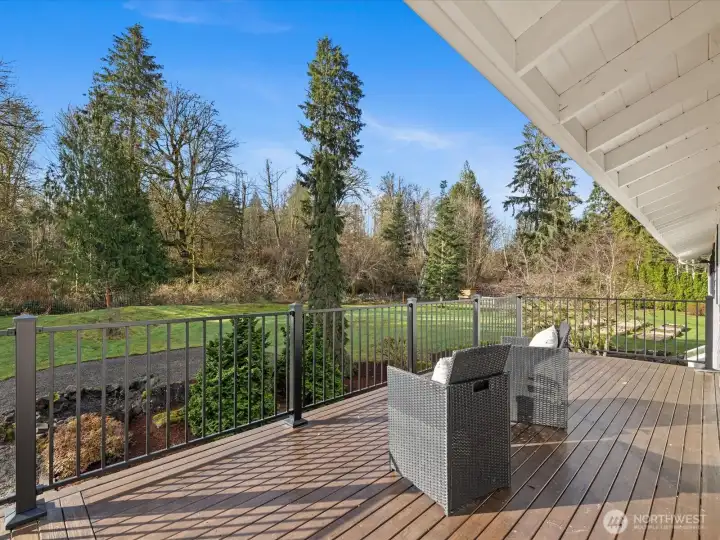 Private deck overlooking a spacious, tree-lined backyard, perfect for outdoor living, entertaining, or enjoying peaceful morning sun.