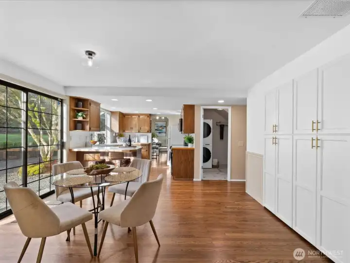 Open eat in dining and kitchen layout with built-in pantry and easy access to the back patio and back yard.