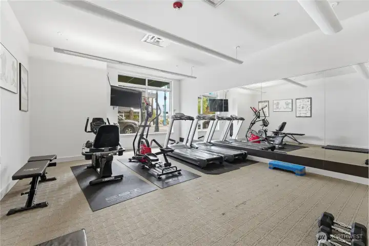 Bright community fitness room featuring treadmills, elliptical, bike, weights, and mirrored walls for versatile exercise options