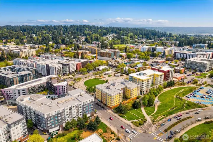 Aerial view of the surrounding community, showcasing nearby buildings, green spaces, and well-planned neighborhood layout