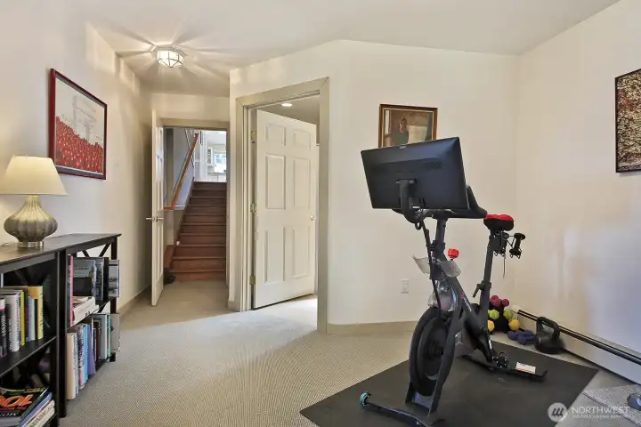 Looking back at the stairs, the open door to the right of stairs is the 3/4 bath. The lower level apartment is a versatile space. It was originally built as an accessible space for wheel chair access. Looking back at the stairs, the open door to the right of stairs is the 3/4 bath. The lower level apartment is a versatile space. It was originally built as an accessible space for wheel chair access.