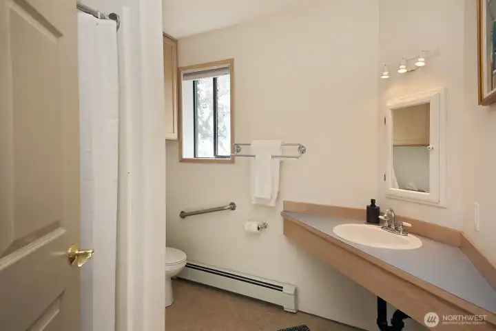 3/4 Lower-level bathroom with accessible shower. 3/4 Lower-level bathroom with accessible shower.