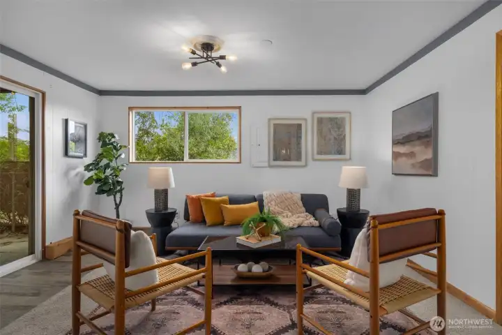 Lower level living room, perfect for entertaining.