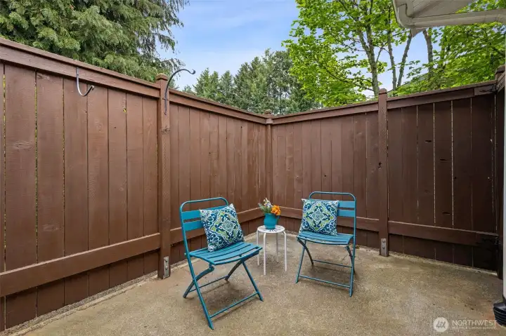 The private, fenced patio off the bedroom can also be a welcoming spot for Fido. Consider an astro-turf doggy lawn. A pet door is currently installed in the slider. The fence includes a gate to the shared lawn area. The private, fenced patio off the bedroom can also be a welcoming spot for Fido. Consider an astro-turf doggy lawn. A pet door is currently installed in the slider. The fence includes a gate to the shared lawn area.