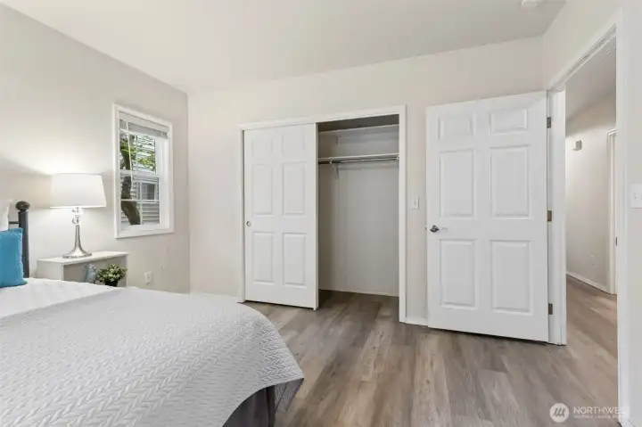A double door closet with high storage shelves is ready for your seasonal wardrobe. The home includes a huge second hall closet outside this bedrooms, plus two closets in the secondary bedroom. A double door closet with high storage shelves is ready for your seasonal wardrobe. The home includes a huge second hall closet outside this bedrooms, plus two closets in the secondary bedroom.