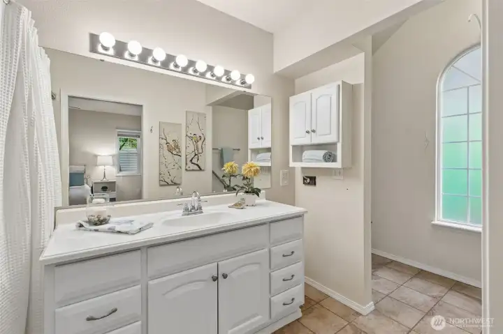 The bathroom floor plan is extra wide for easier maneuverability. The wide entry to the bathing alcove leads to a soaking tub and toilet area. The bathroom floor plan is extra wide for easier maneuverability. The wide entry to the bathing alcove leads to a soaking tub and toilet area.
