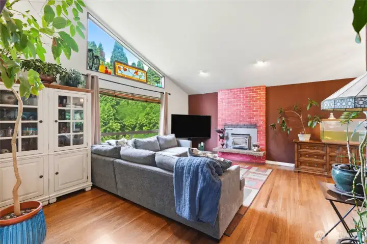 Vaulted ceilings and wood fireplace