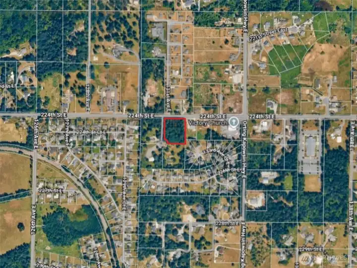 Overhead view with approximate boundaries in red. Overhead view with approximate boundaries in red.