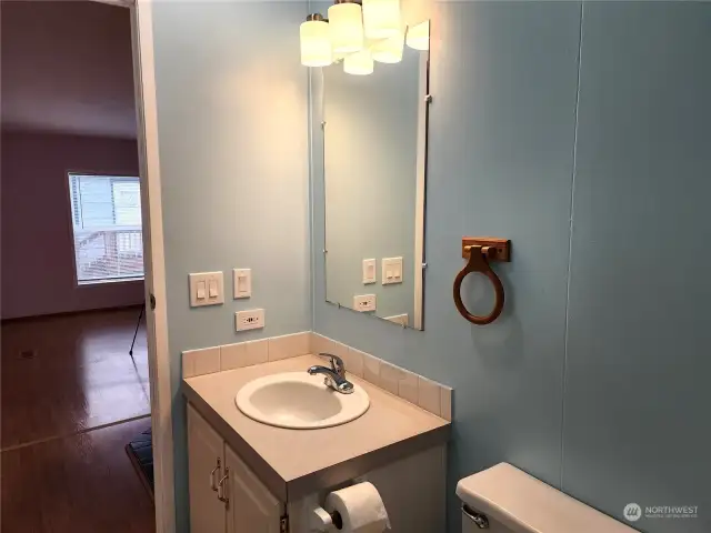 Guest bath with new faucet and lighting