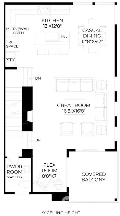 Second floor with open layout, flex room and covered deck