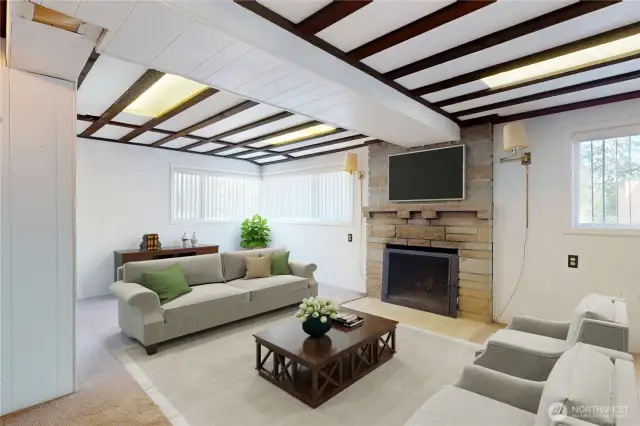 Wood-burning fireplace with beautiful stone surround