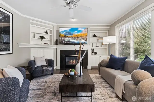 An inviting living space with backyard views creates the perfect place to relax or entertain.