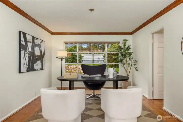 There is an office off of the living room.