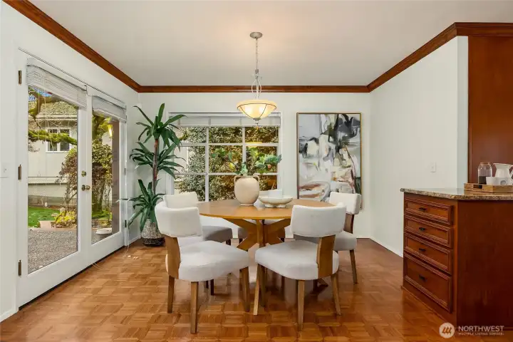 At one end of the kitchen is room for an eat-in table and chairs.