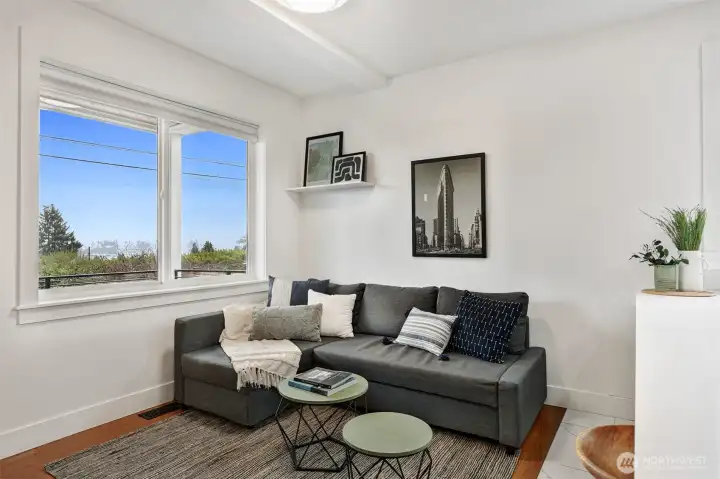 Private 2 bedroom ADU living area with large window and natural light
