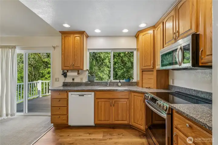 Newer appliances in the kitchen.