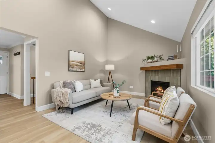 Spacious living area with soaring ceilings, modern finishes, and an easy flow designed for everyday living and gathering.