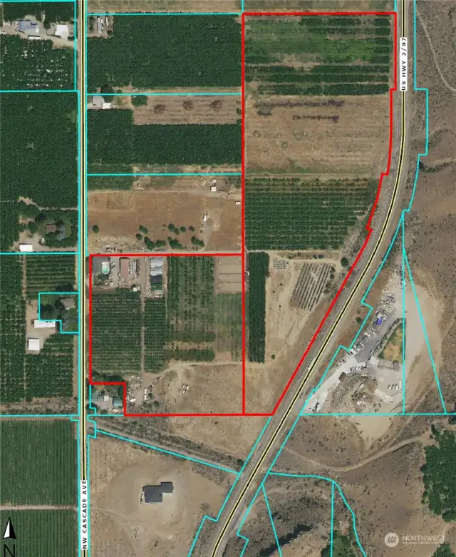 here is the actual title parcel map showing two parcels covering 26.67 acres of AC5 zoned lands.  Currently several acres of fancy cherries and open space for replant or new,  County does allow clustering math and some home sites can be created to improve agri-investment.  Sale includes cherry orchard, ranch house and all outbuildings.   Columbia River water shares abound and city water is at the street!!