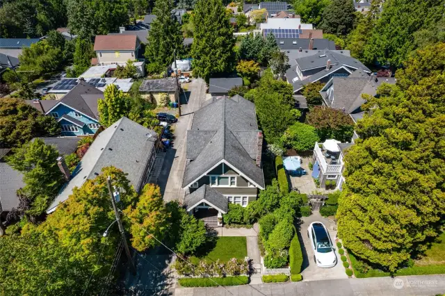 An aerial view of the home showing the lovely front yard.
