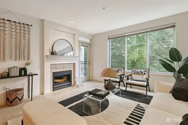 North-facing cozy and large living area with window overlooking tree-lined street, electric fireplace, custom window treatments and door to covered deck.