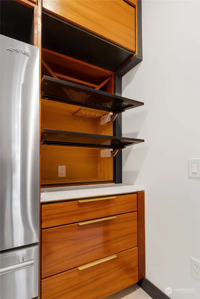 Coffee bar / extra storage to the right of the refrigerator.