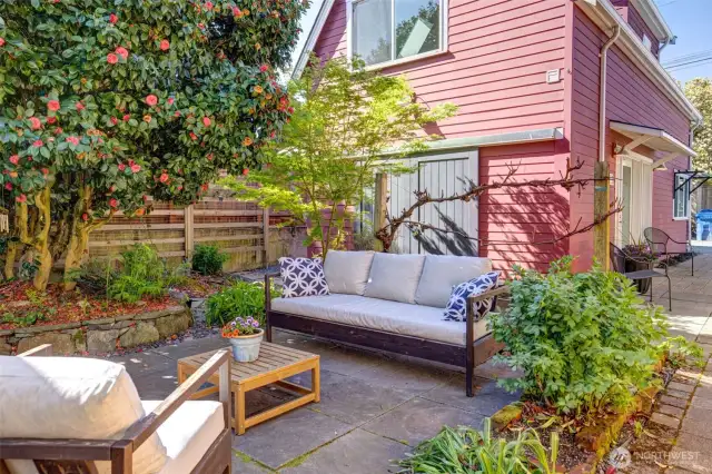 Cheerful garden views with beautiful mature landscaping that has been carefully curated.