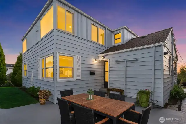 Patio and house at sunset.