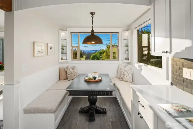 Breakfast nook in kitchen with view to Puget Sound.