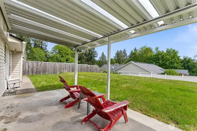 Covered patio overlooking backyard