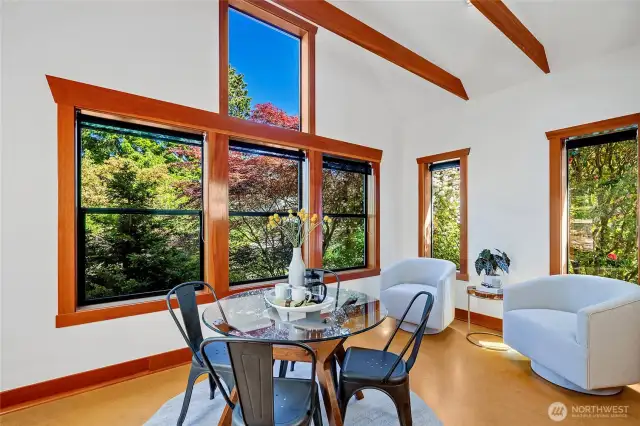The East facing windows in the kitchen were specifically designed to showcase the majestic evergreen firs trees on the East end of the property, eliciting a feeling of being in the woods and nature year round.